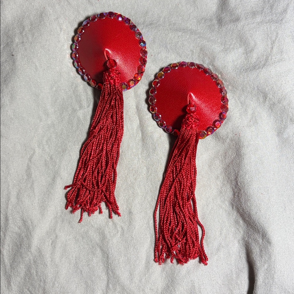 Leather tassel rhinestone pasties burlesque festival handmade red circles